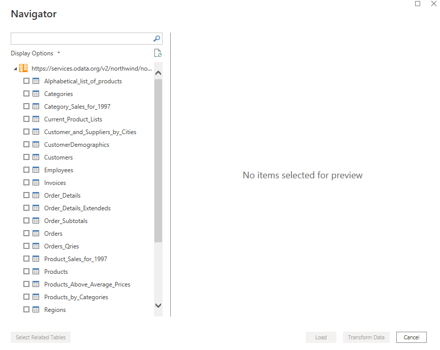 Step 4 - Select tables for import | OData to Power BI Desktop | Hevo Data
